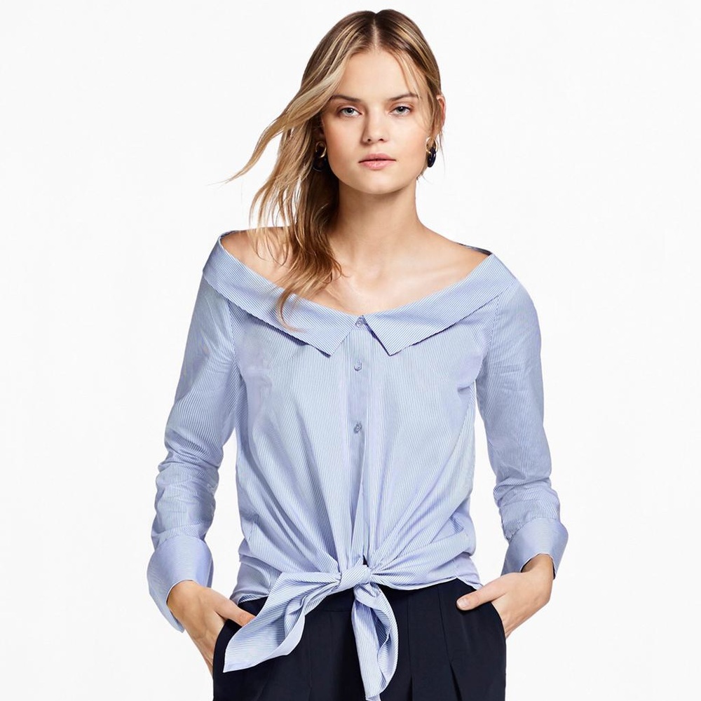 Off-the-shoulder striped cotton shirt